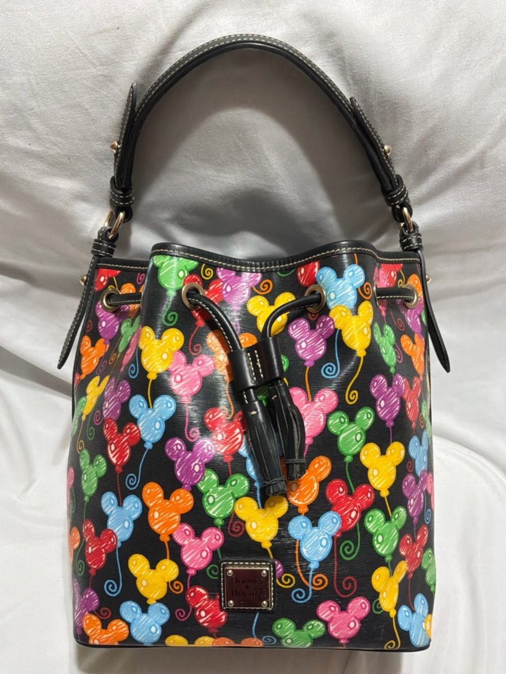 GUC Dooney & Bourke Black Multi Mickey Balloon Drawstring Bucket Bag